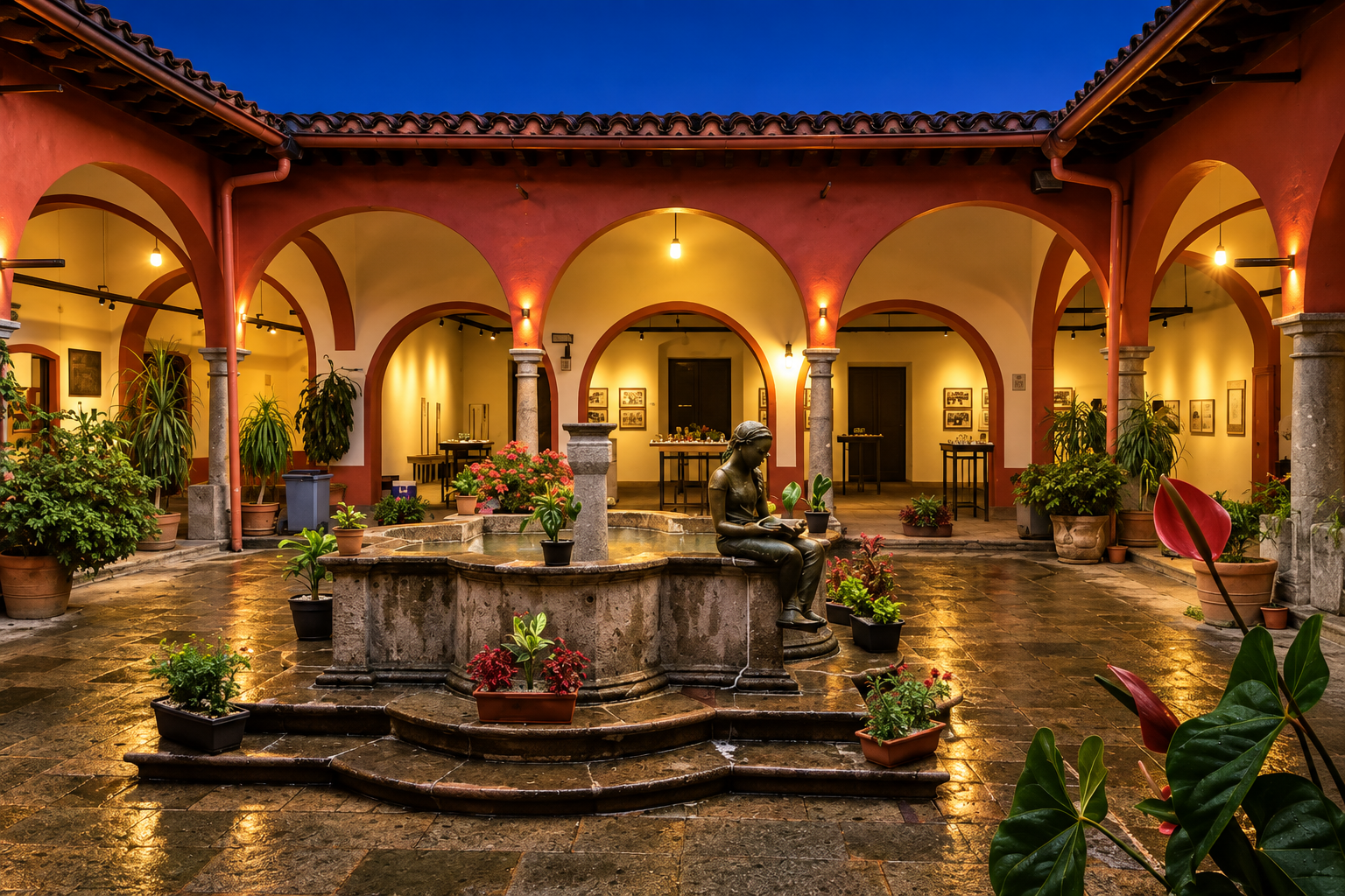Recreación nocturna del patio y la fuente del Centro Recreativo Xalapeño